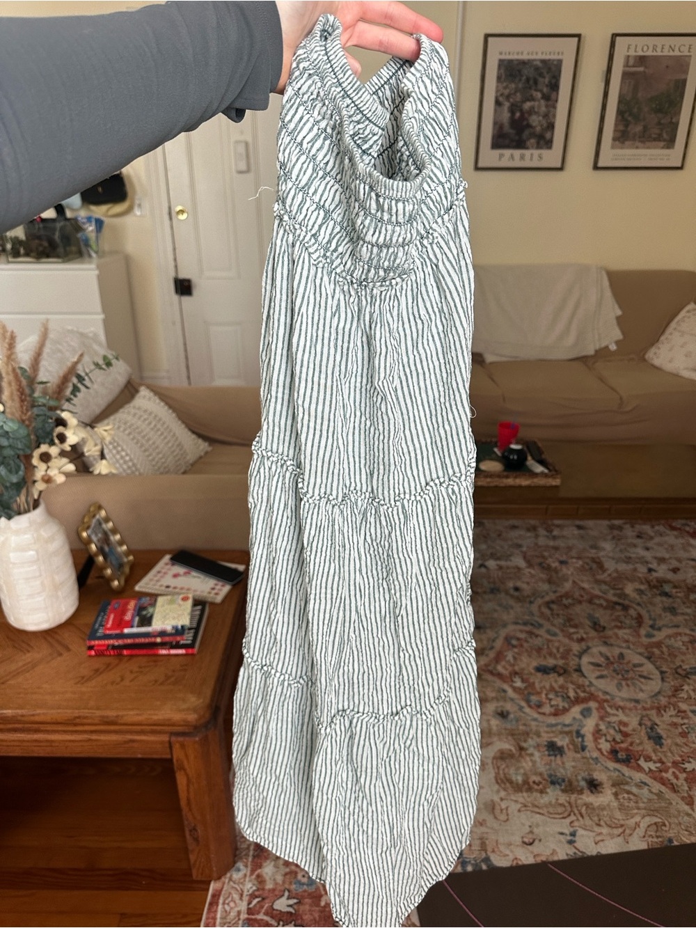 Striped Green & White Smocked midi skirt